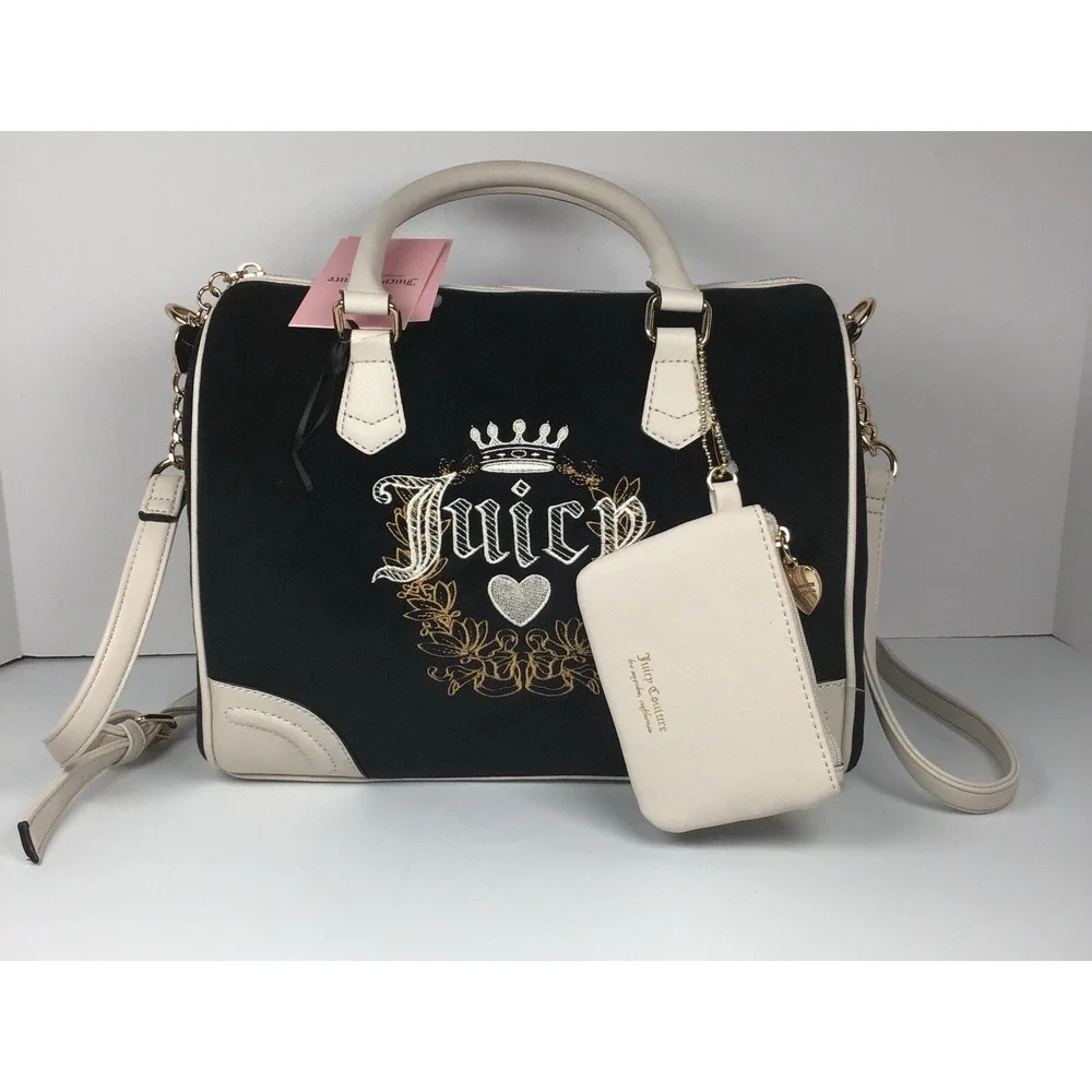 Juicy Couture Velour Heritage Satchel Purse Bag Black Liquorice/Angel NWT